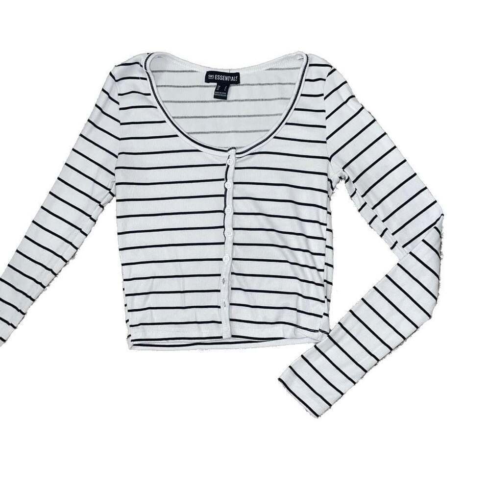 Striped Button Front Long Sleeve Cropped Top